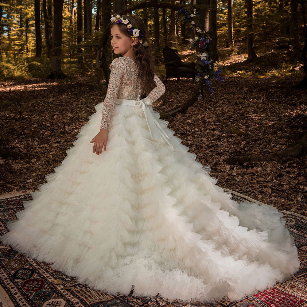 Luxury Girl's Short/Long Sleeves Trailing Dress Kid's Elegant Princess Dress with Belt New Arrivals