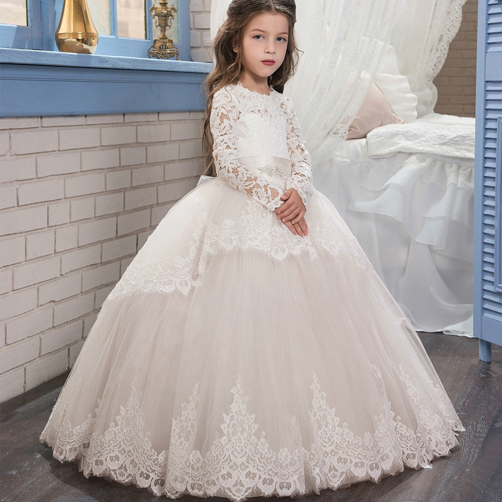 Flower Girls Ball Gowns Lace Appliques Ruffled Long Sleeves Back Hole Princess Floor Length Girl Pageant Dresses
