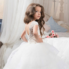 Elegant Appliques Tulle Flower Girl Dress Kids Pageant Evening Gown Party Beading Lace Princess Wedding Clothes