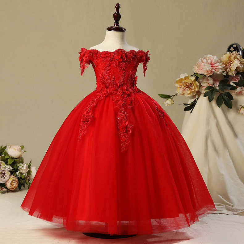 Off Shoulder Lace Tulle Applique Flower Girl Dresses for 3-12 Years Old