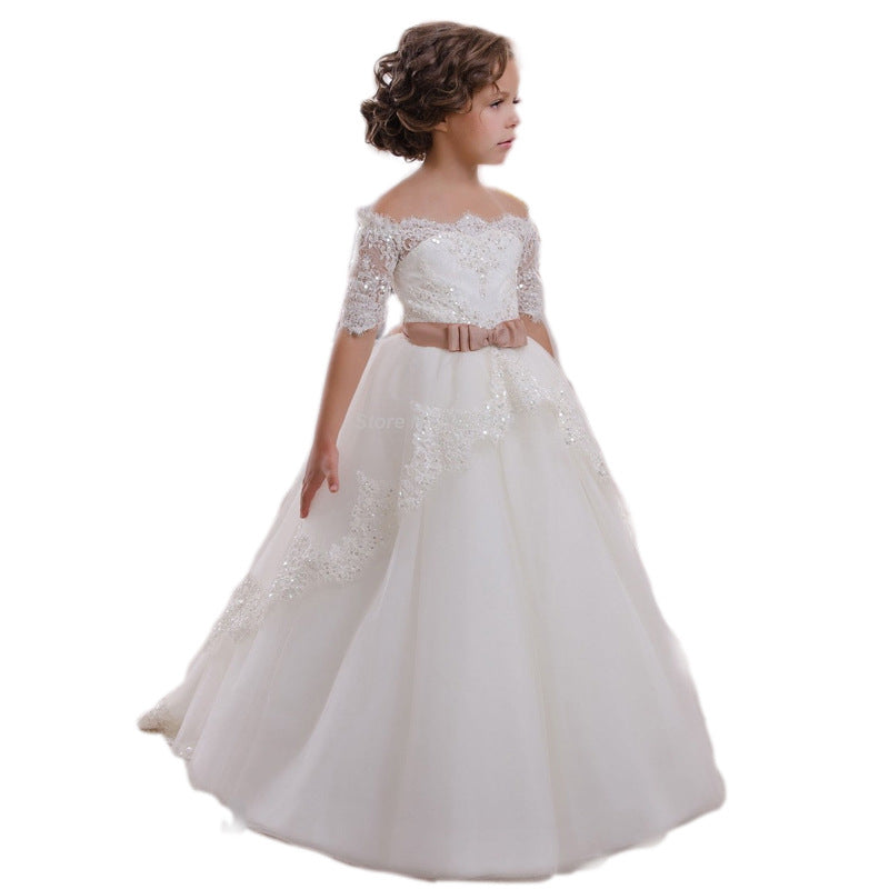 Elegant Flower Girl Lace Beading First Communion Dress Kids Lace Ball Gown Dresses