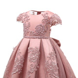 New Flower Girl Dress Pink Handmake Lace Beaded Gown for Kids Birthday Dresses with Bow Embroidery Sheer