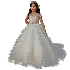 Luxury Girl's Short/Long Sleeves Trailing Dress Kid's Elegant Princess Dress with Belt New Arrivals