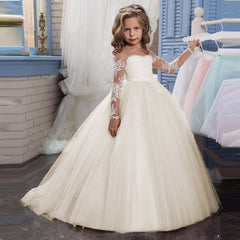 Flower Girl Dresses for Wedding Long Sleeves Lace Champagne Vintage Communion Ball Gowns Princess Dresses