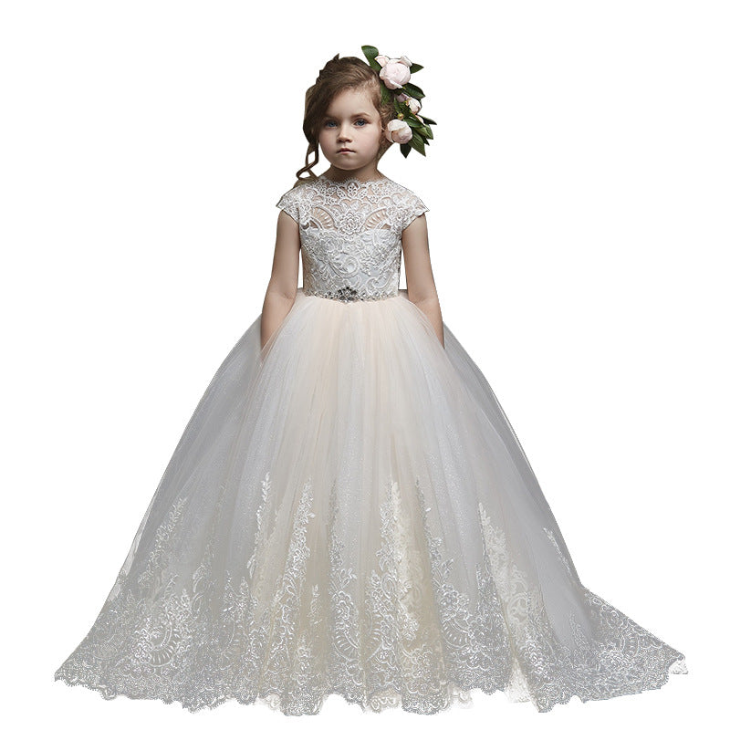 Luxury Flower Girl Dress with Embroidery Sheer Children's Pageant Tulle Gown Cutout Back