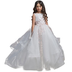 Flower Gril Dresses Children's Train Dress White Embroidered Pageant Dress for Kids Princess Dress