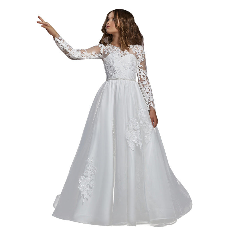 First Communion Dress Long Sleeves White Embroidery Sheer Princess Formal Dress