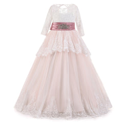 First Communion Ball Gowns Lace Appliques Ruffled Long Sleeves Girl Pageant Dresses Full Fancy Dresses