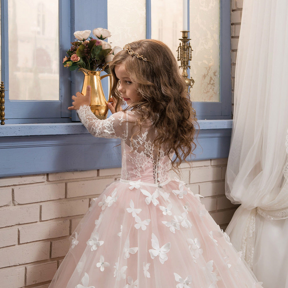 Fancy Flower Girl Party Dress Child Long Sleeves Butterfly Pink Mesh Ball Gowns  Kids Holy Communion Dresses For Girls 1 14 Year From 85,73 € | DHgate