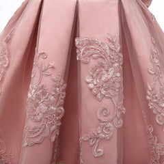 New Flower Girl Dress Pink Handmake Lace Beaded Gown for Kids Birthday Dresses with Bow Embroidery Sheer