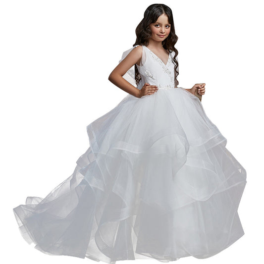 First Communion Dress Childrens Kids Girls Fancy Formal Elegant Ruffle Tulle Pageant Dress Ball Gown