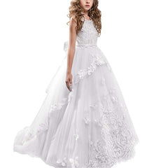 First Communion Dress with Bow Flower Lower Girl Dress Kids Lace Beaded Pageant Ball Gowns Long Puffy Kids Ball Gowns