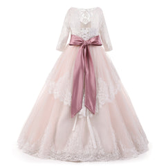 Flower Girls Ball Gowns Lace Appliques Ruffled Long Sleeves Back Hole Princess Floor Length Girl Pageant Dresses