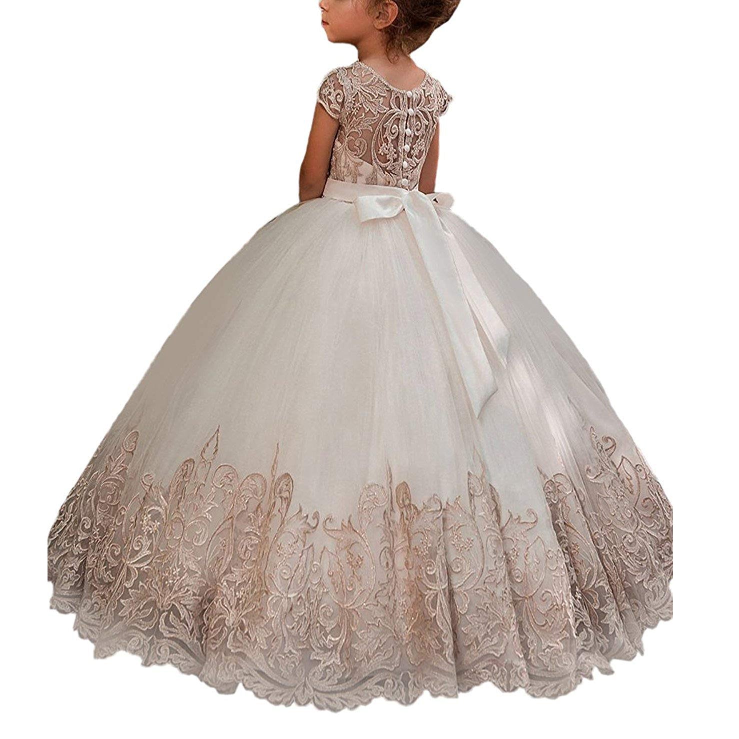 Flower Girl Dresses for Wedding Short Sleeve Lace Appliques Buttons Back Pageant Dresses Ball Gowns Princess Birthday Dresses