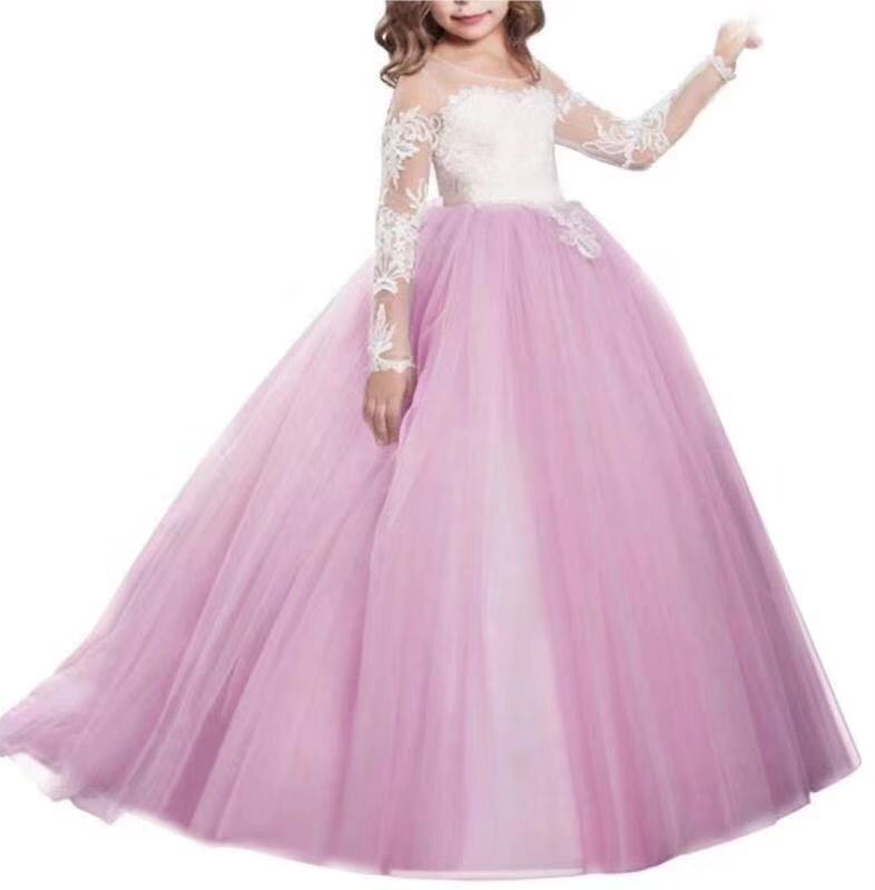 Flower Girl Dresses for Wedding Long Sleeves Lace Champagne Vintage Communion Ball Gowns Princess Dresses