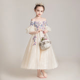 Floral Embroidered Girls' Princess Dresses Puffy Gown Children's Piano Costumes Flower Girl Wedding Dresses
