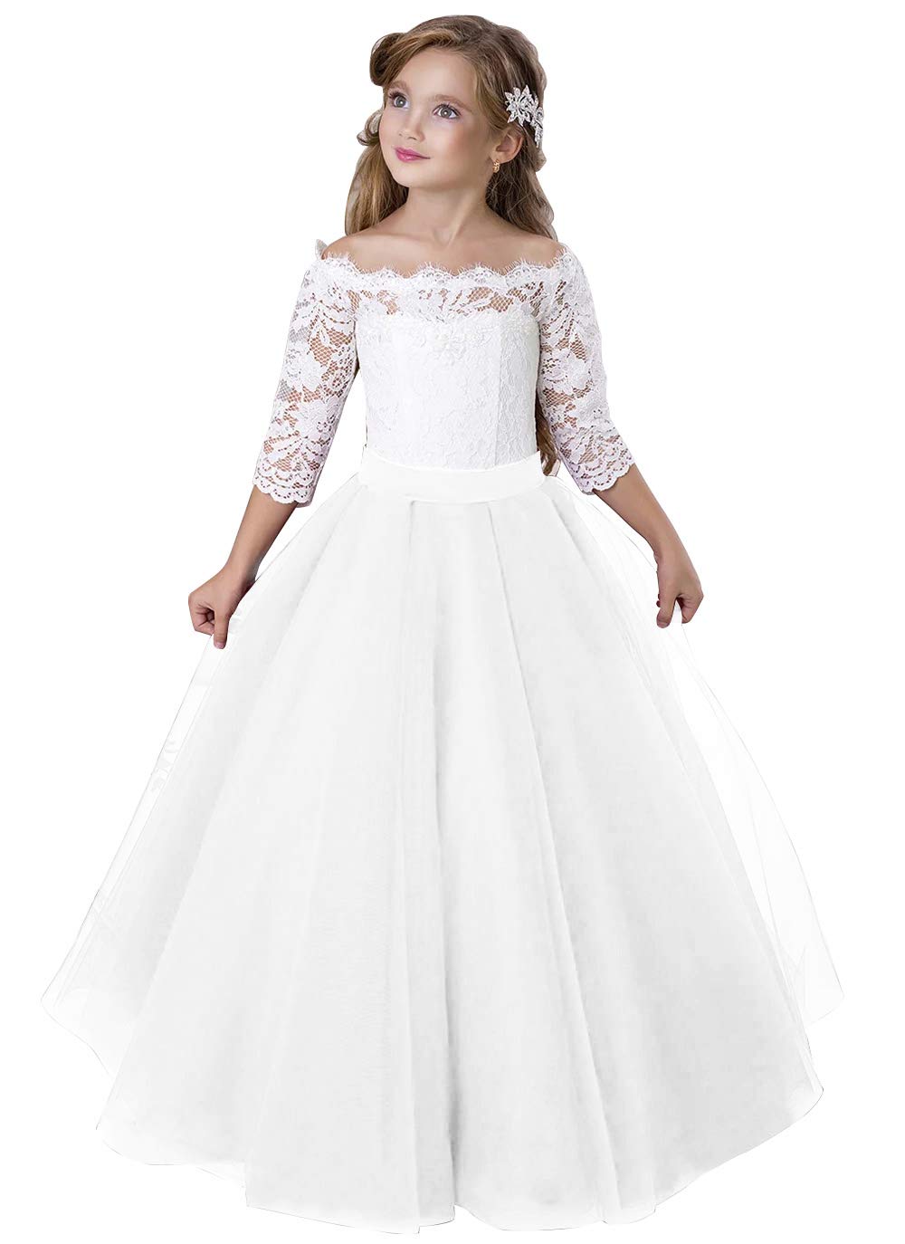 Flower Girl Dress Long Sleeve Kids Lace Pageant Party Christmas Ball Gown Dresses Multi-colors