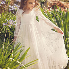 Fancy Ivory Flower Girl Dress Girls First Communion Gowns Dresses Lace Long Sleeves Lace Appliques Wedding Princess Dress