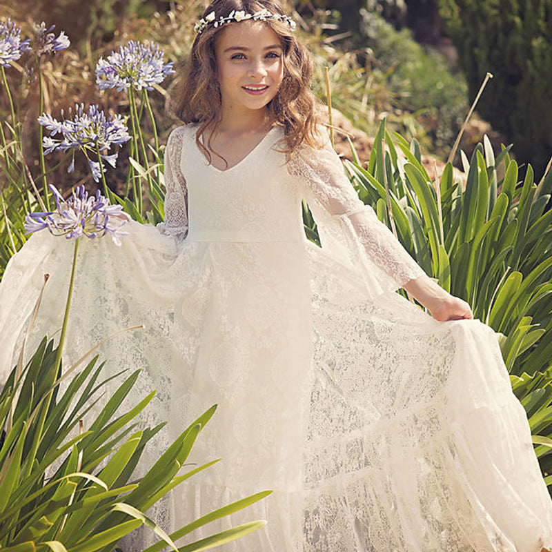 Fancy Ivory Flower Girl Dress Girls First Communion Gowns Dresses Lace Long Sleeves Lace Appliques Wedding Princess Dress