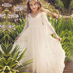 Fancy Ivory Flower Girl Dress Girls First Communion Gowns Dresses Lace Long Sleeves Lace Appliques Wedding Princess Dress