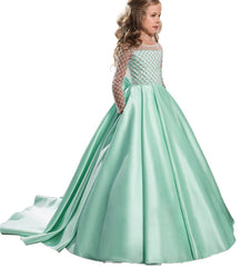 Long Sleeves Christmas Flower Girl Dress Floor Length Button Draped Tulle Ball Gowns for First Communion Pageant Birthday Party