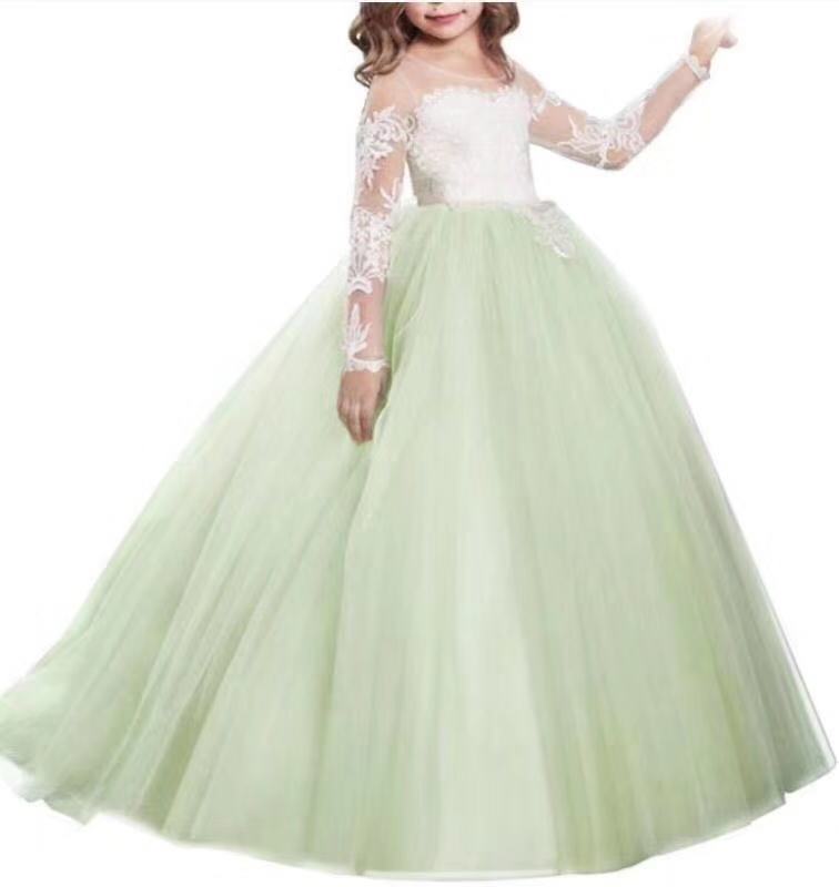 Flower Girl Dresses for Wedding Long Sleeves Lace Champagne Vintage Communion Ball Gowns Princess Dresses