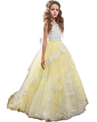 First Communion Dress with Bow Flower Lower Girl Dress Kids Lace Beaded Pageant Ball Gowns Long Puffy Kids Ball Gowns