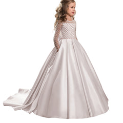 Long Sleeves Christmas Flower Girl Dress Floor Length Button Draped Tulle Ball Gowns for First Communion Pageant Birthday Party