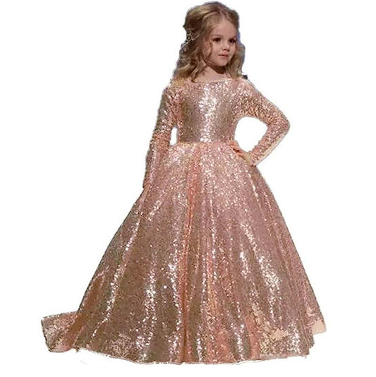 Flower Girl Dress Sequined Pageant Ball Gown Kids Long Sleeves Birthday Party Dresses Wedding Party Pageant Dress