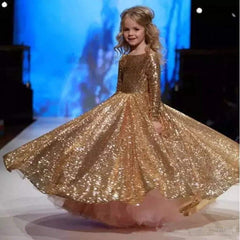 Flower Girl Dress Sequined Pageant Ball Gown Kids Long Sleeves Birthday Party Dresses Wedding Party Pageant Dress