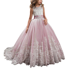 Communion Dress Kid Lace princess dress Ball Gown with Bow birthday dresses Flower Girls Dress for Wedding