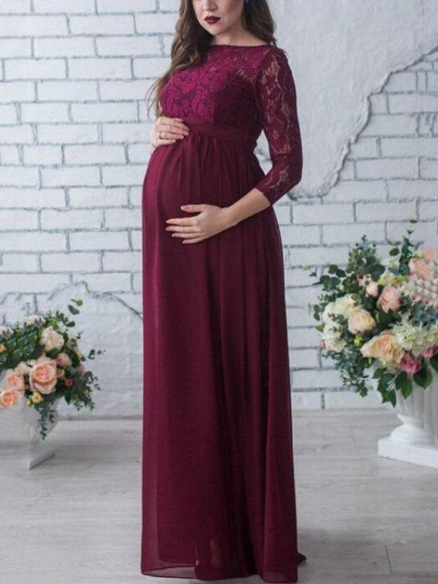 Embroidery A-Line Lace Chiffon Maternity Photoshoot Dress Floor Length Gown