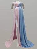 Chic V Necked Pink Blue Maternity Photoshoot Halter Gown