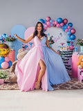 Chic V Necked Pink Blue Maternity Photoshoot Halter Gown