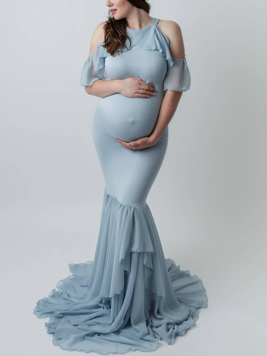 Slim Fit Maternity Dress for Photoshoot Cotton Chiffon Mermaid Gown