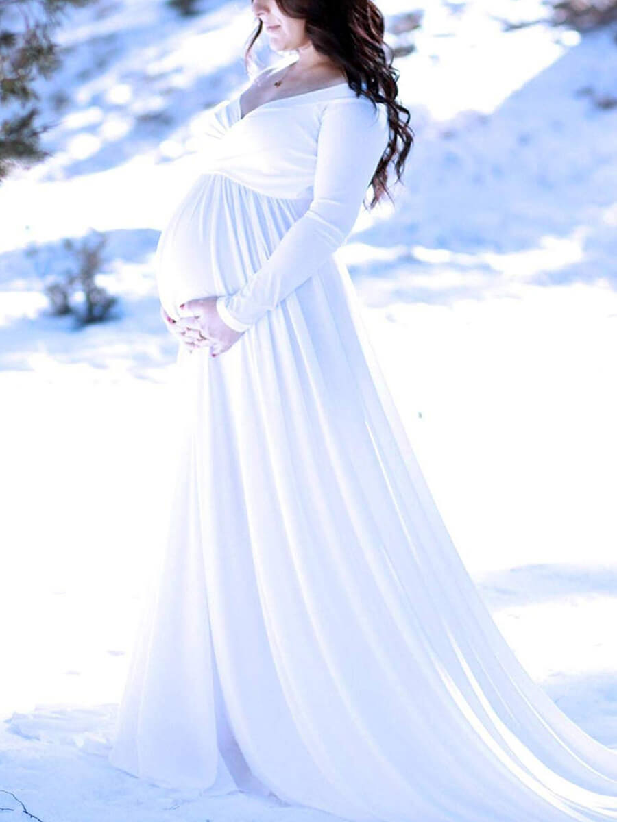 Deep V Necked Cross Bust Cotton Maternity Photoshoot Dress with Long Train