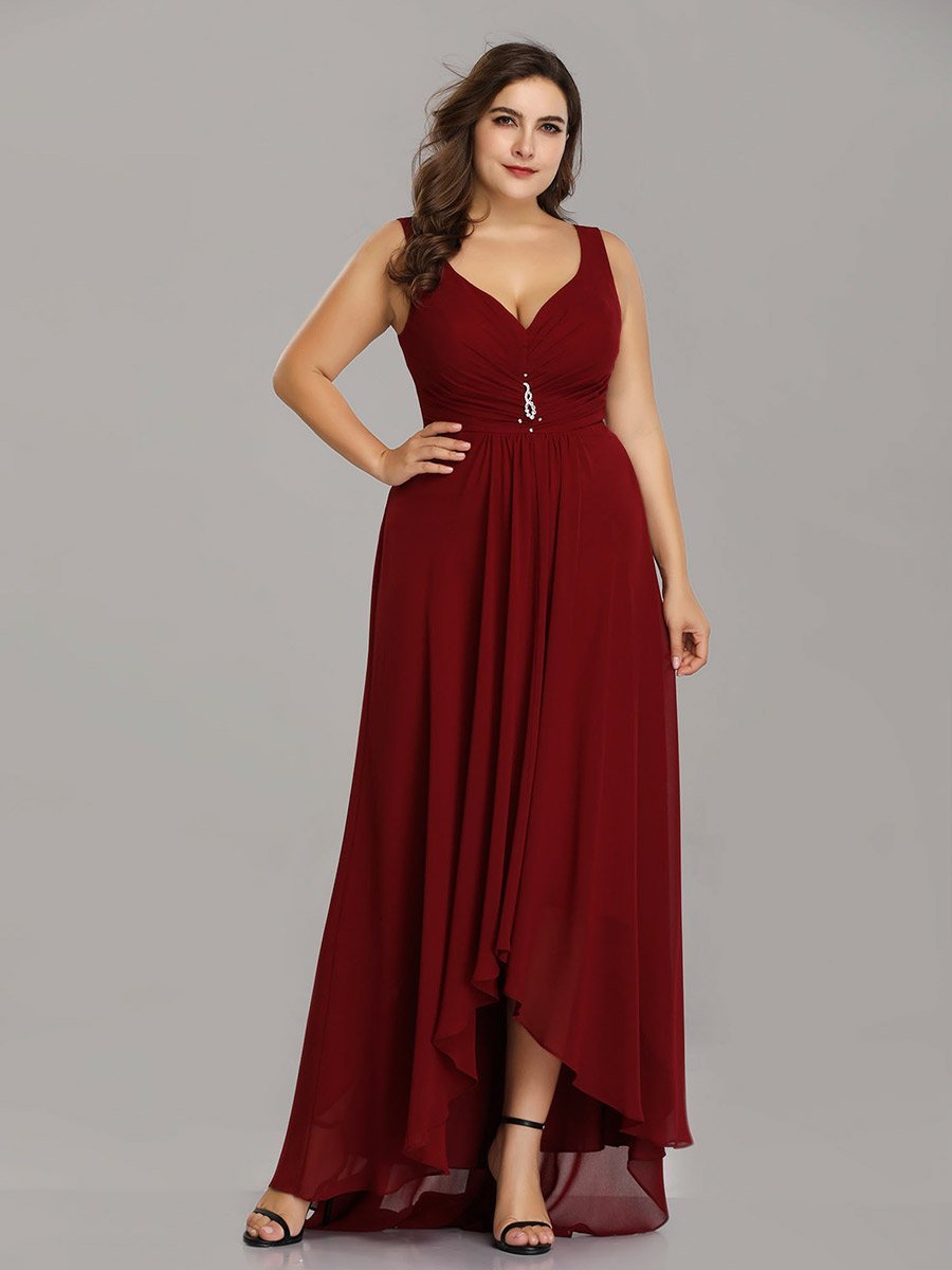 Plus Size Simple Double V Neck Rhinestones Ruched Bust High Low Chiffon Evening Dresses