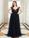 Plus Size Deep V Necked High Waist Tulle & Sequin Sleeveless Evening Dress
