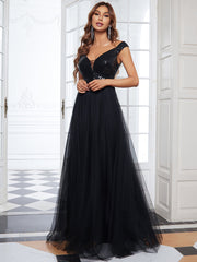 Women's High Waist Tulle & Sequin Sleevless Evening Dress