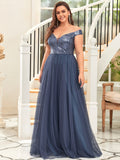 Plus Size Deep V Necked High Waist Tulle & Sequin Sleeveless Evening Dress