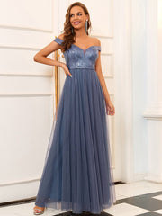 Women's High Waist Tulle & Sequin Sleevless Evening Dress