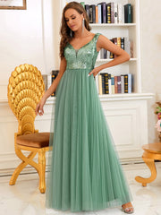 Women's High Waist Tulle & Sequin Sleevless Evening Dress