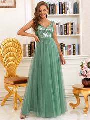 Women's High Waist Tulle & Sequin Sleevless Evening Dress