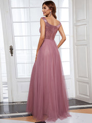 Women's High Waist Tulle & Sequin Sleevless Evening Dress