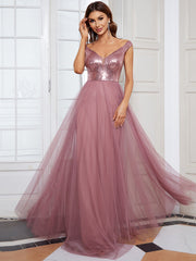 Women's High Waist Tulle & Sequin Sleevless Evening Dress