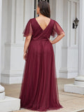 Plus Sizes Long Deep V Neck Maxi A-Line Floor-Length Tulle Evening Dress