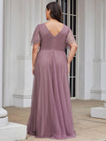 Plus Sizes Long Deep V Neck Maxi A-Line Floor-Length Tulle Evening Dress