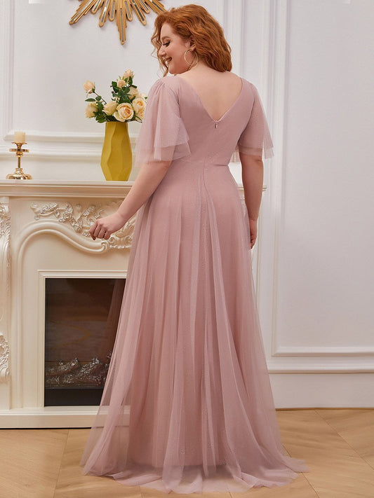 Plus Sizes Long Deep V Neck Maxi A-Line Floor-Length Tulle Evening Dress