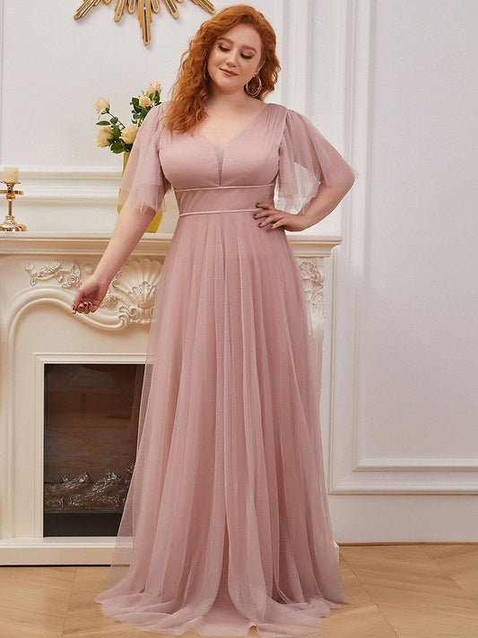 Plus Sizes Long Deep V Neck Maxi A-Line Floor-Length Tulle Evening Dress