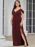 Deep V Neck Plus Size Gown Long Evening Dresses with Split Sexy Spaghetti Straps